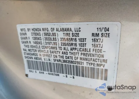 2005 Honda Odyssey Ex-L из США, поврежденный, VIN 5FNRL38635B025931